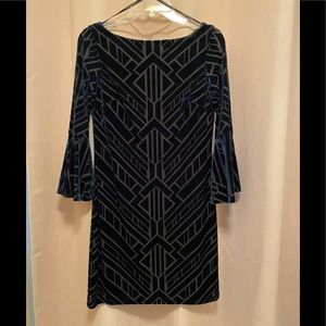 Cocktail dress. Size 2, falls above the knee. Dark green chiffon with velvet.